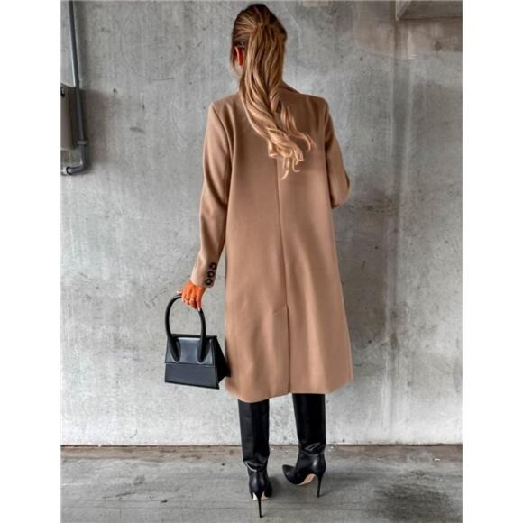 Womens Long Wool Coat Double Breasted Trench Coat Light Brown - Picture 3 of 4